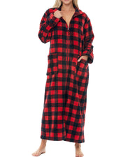 Women's Red Black Buffalo Check Plaid Zip Up Plush Robe, Oversized Bathrobe with Two Way Zipper