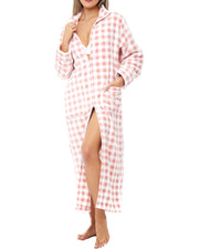 Women's Blush Gingham Check Zip Up Plush Robe, Oversized Bathrobe with Two Way Zipper