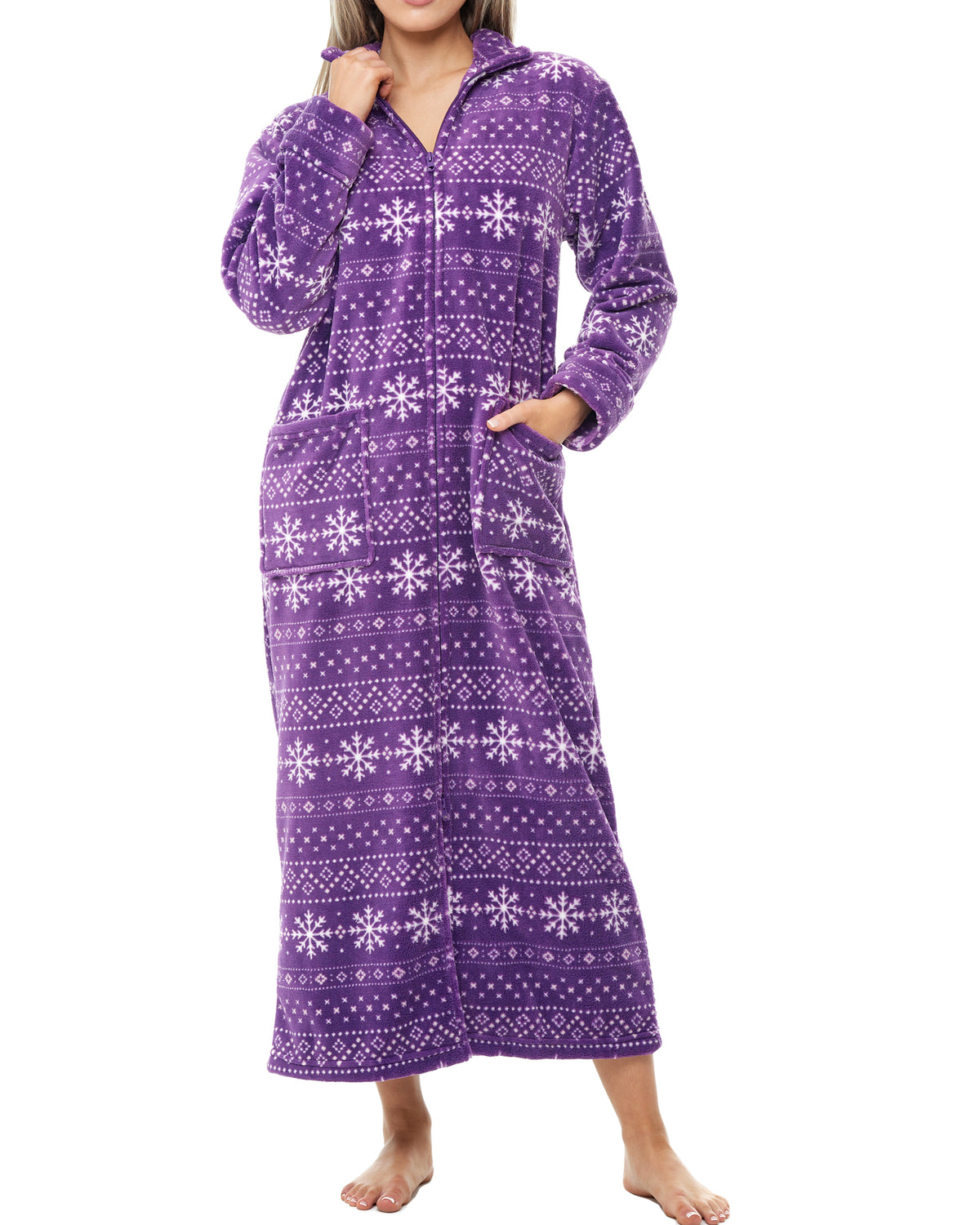 Women's Snowflake Fair Isle Purple Zip Up Plush Robe, Oversized Bathrobe with Two Way Zipper