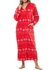 Women's Snowflake Fair Isle Red Zip Up Plush Robe, Oversized Bathrobe with Two Way Zipper