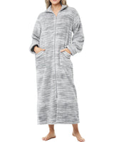 Women's Light Heathered Gray Zip Up Plush Robe, Oversized Bathrobe with Two Way Zipper