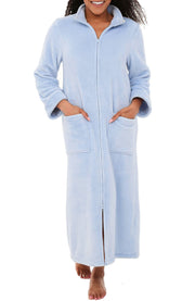 Women's Light Blue Zip Up Plush Robe, Oversized Bathrobe with Two Way Zipper