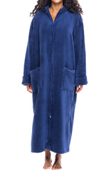 Women's Navy Blue Zip Up Plush Robe, Oversized Bathrobe with Two Way Zipper