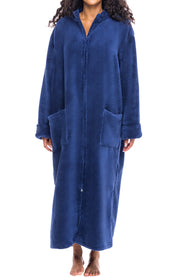 Women's Navy Blue Zip Up Plush Robe, Oversized Bathrobe with Two Way Zipper