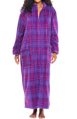 Women's Purple Plaid Zip Up Plush Robe, Oversized Bathrobe with Two Way Zipper
