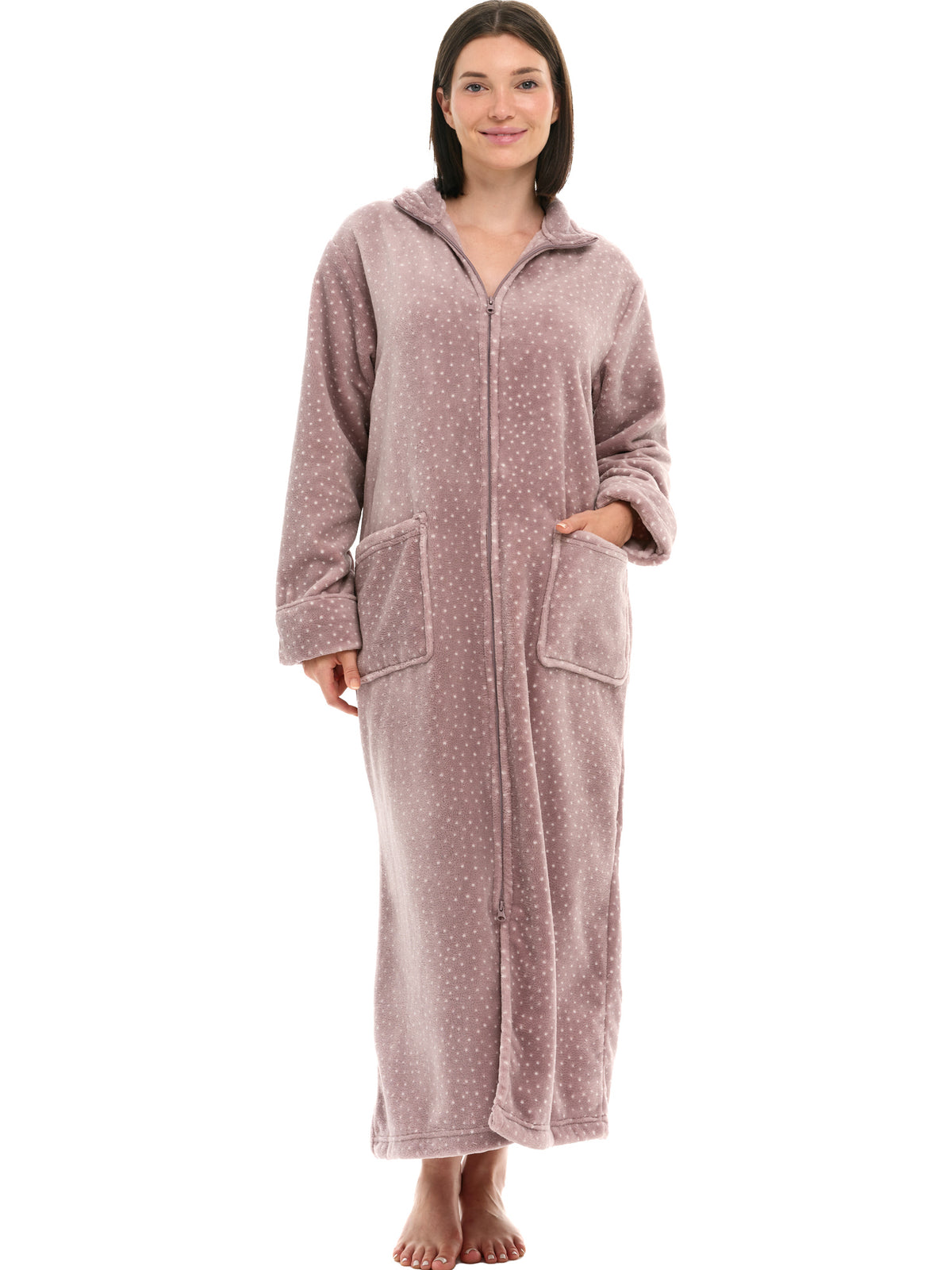 Women's Mauve with Polka Dots Zip Up Plush Robe, Oversized Bathrobe with Two Way Zipper