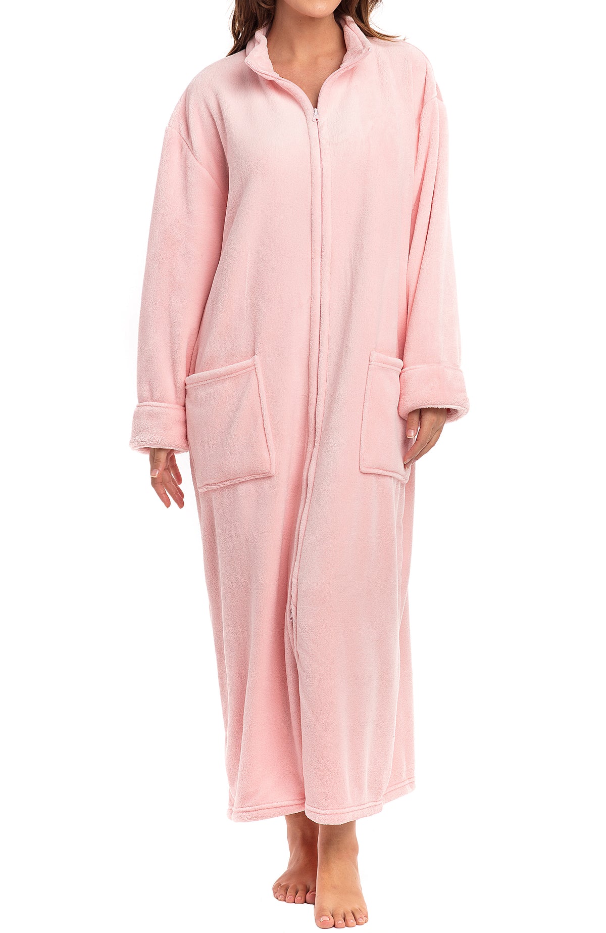 Women's Pink Rose Quartz with Sherpa Zip Up Plush Robe, Oversized Bathrobe with Two Way Zipper