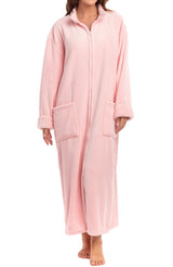 Women's Pink Rose Quartz with Sherpa Zip Up Plush Robe, Oversized Bathrobe with Two Way Zipper