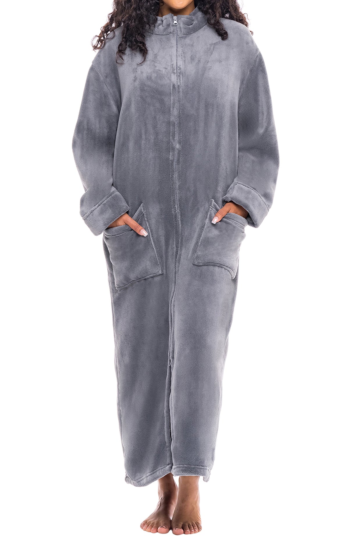 Women's Steel Gray with Cream Zip Up Plush Robe, Oversized Bathrobe with Two Way Zipper
