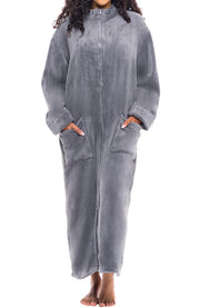 Women's Steel Gray with Cream Zip Up Plush Robe, Oversized Bathrobe with Two Way Zipper