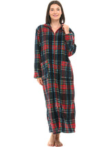 Women's Classic Tartan Plaid Blue Zip Up Plush Robe, Oversized Bathrobe with Two Way Zipper