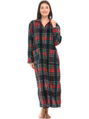 Women's Classic Tartan Plaid Blue Zip Up Plush Robe, Oversized Bathrobe with Two Way Zipper