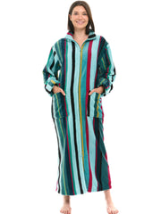 Women's Aqua and Magenta Striped Zip Up Plush Robe, Oversized Bathrobe with Two Way Zipper