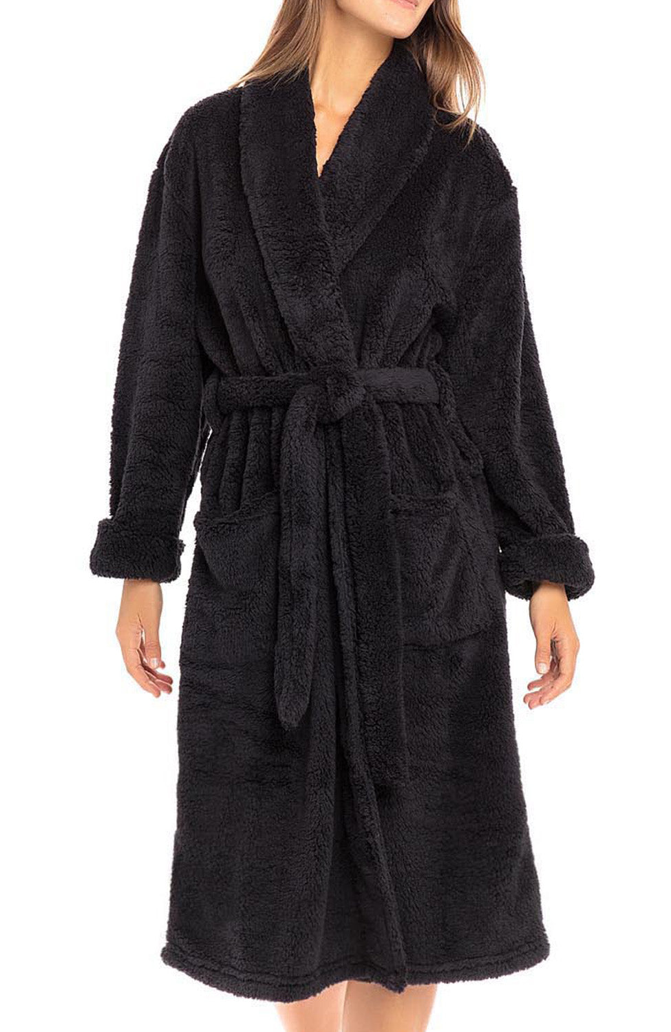 Women's Black Plush Fleece Robe, Shaggy Feather Bathrobe