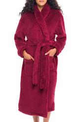 Women's Burgundy Plush Fleece Robe, Shaggy Feather Bathrobe