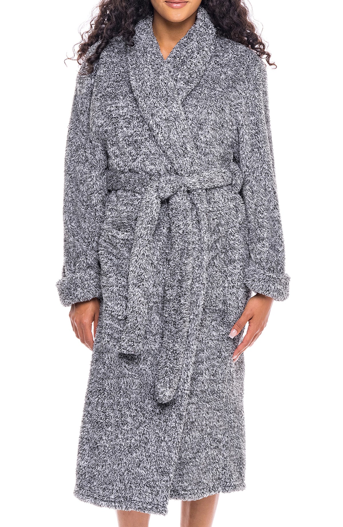 Women's Dark Heathered Gray Plush Fleece Robe, Shaggy Feather Bathrobe