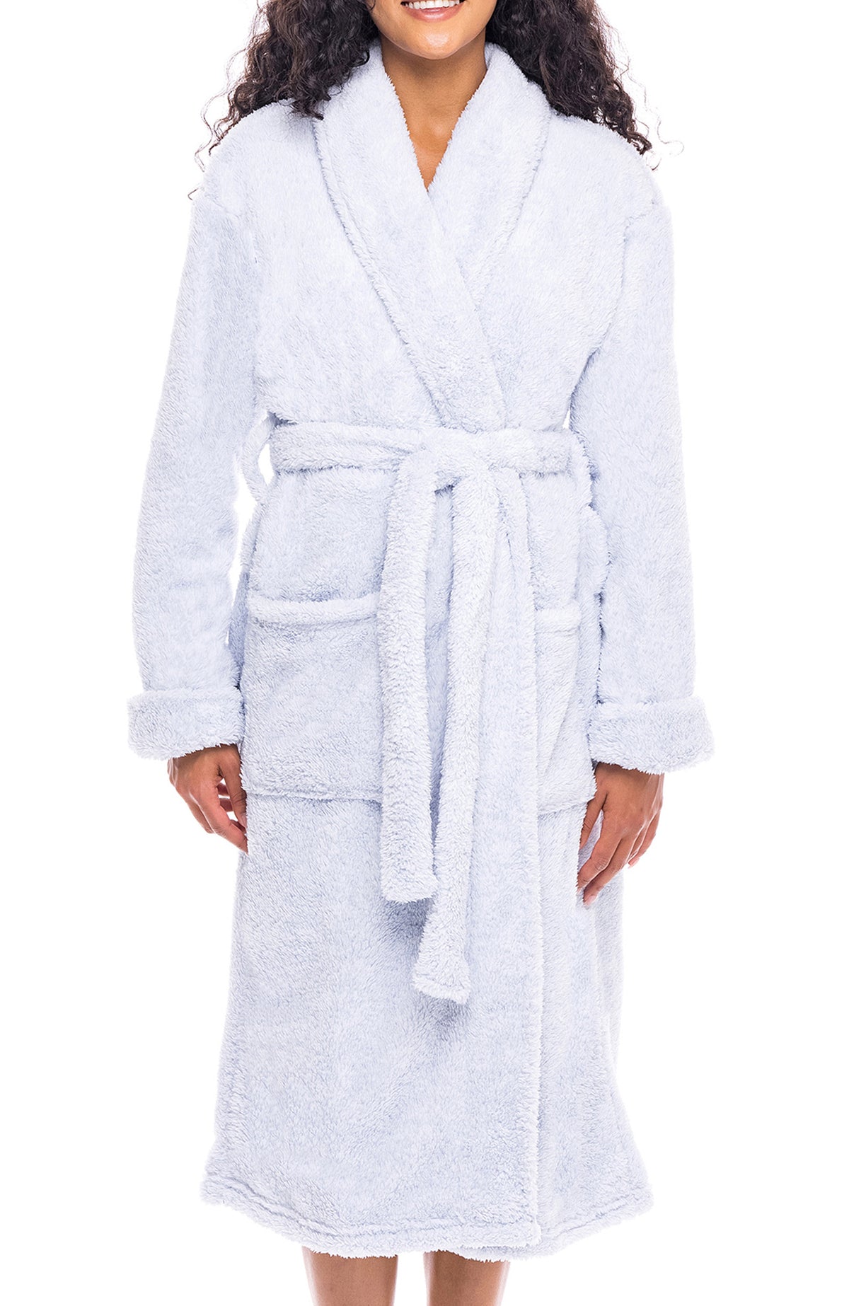 Women's Heathered Light Blue Plush Fleece Robe, Shaggy Feather Bathrobe