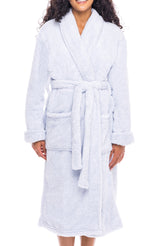 Women's Heathered Light Blue Plush Fleece Robe, Shaggy Feather Bathrobe