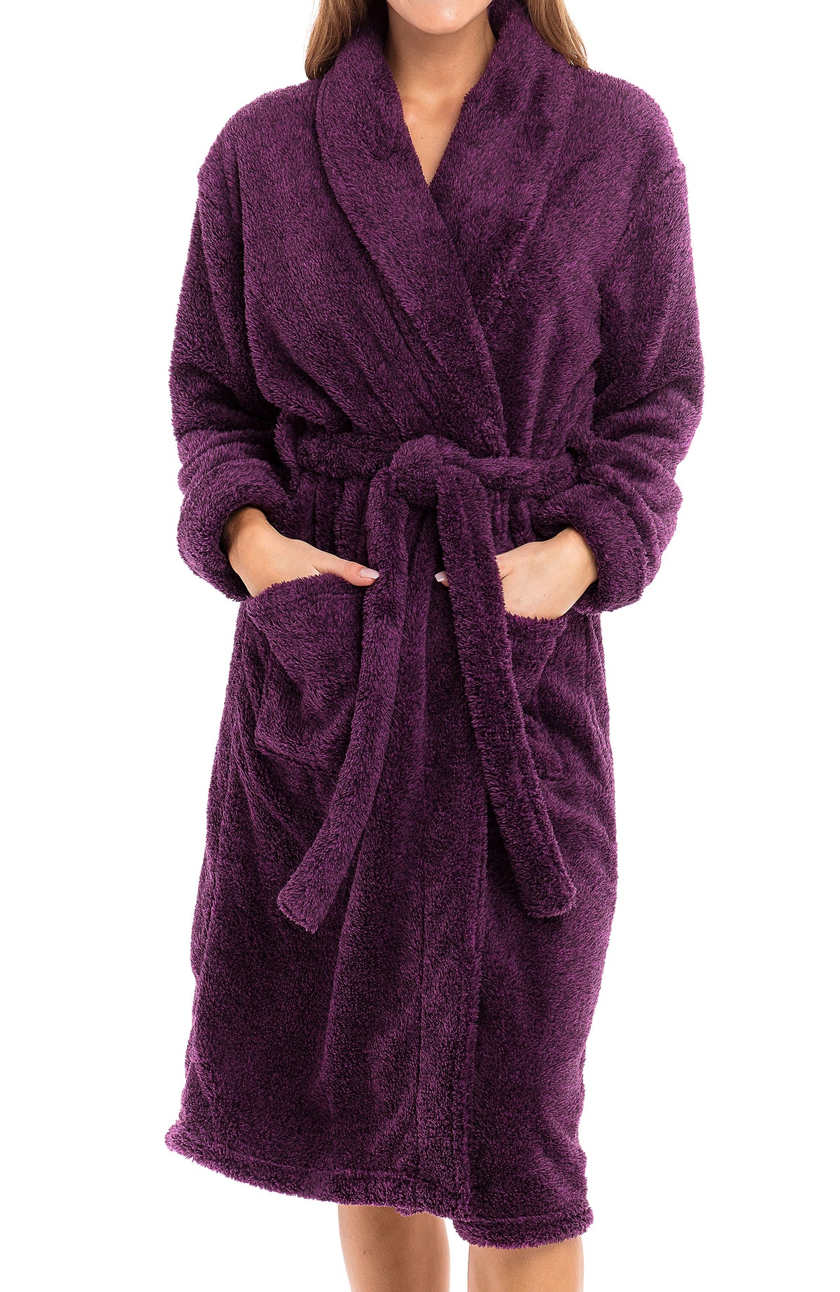 Women's Plum Purple Plush Fleece Robe, Shaggy Feather Bathrobe