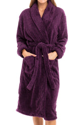 Women's Plum Purple Plush Fleece Robe, Shaggy Feather Bathrobe