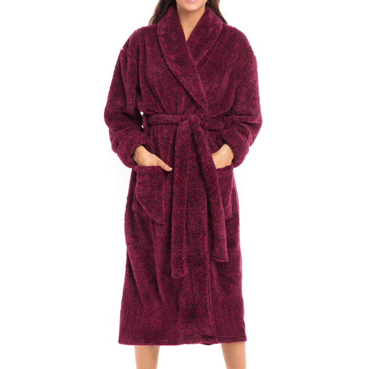 Women's Heathered Burgundy Plush Fleece Robe, Shaggy Feather Bathrobe