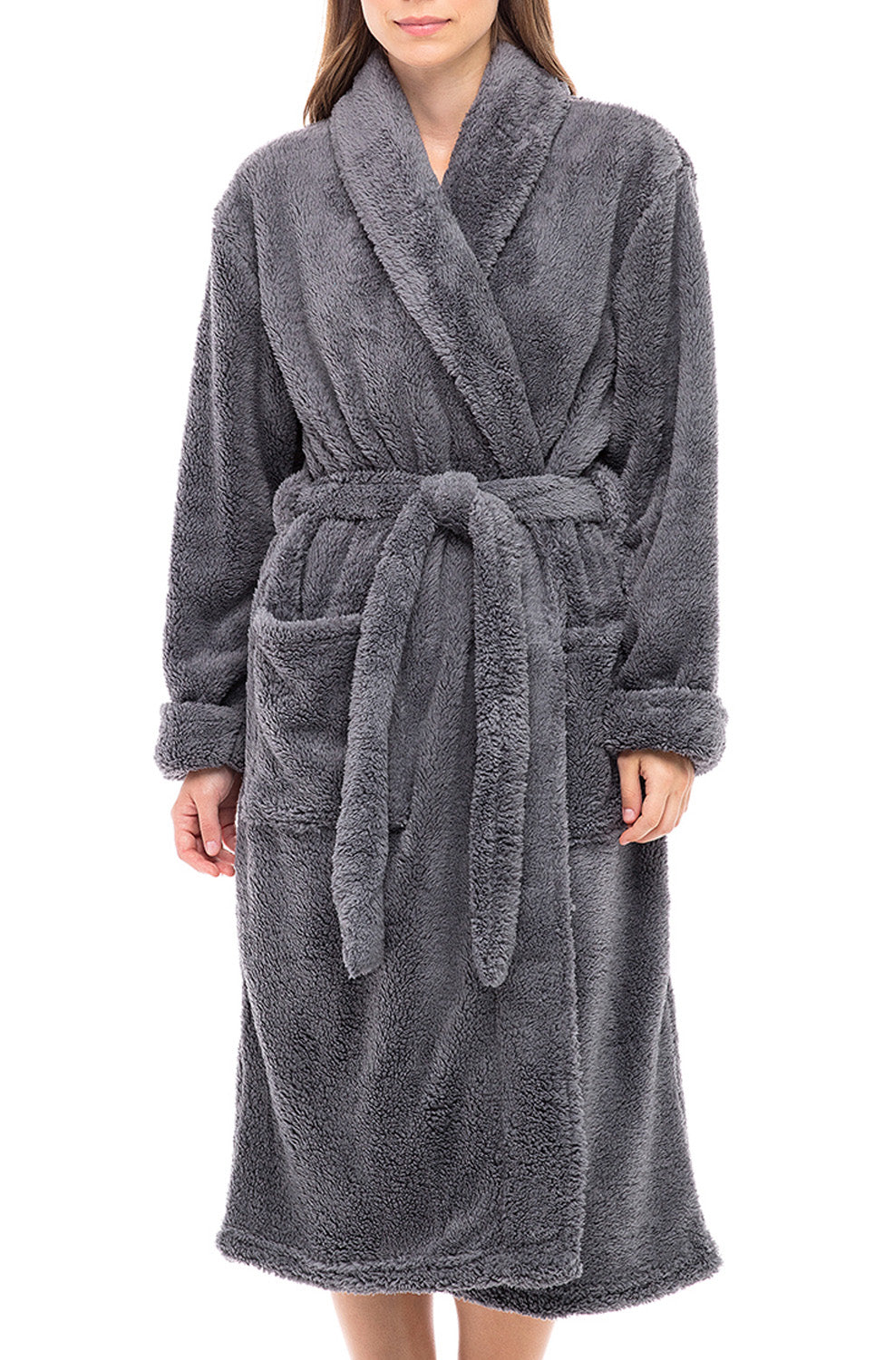 Women's Steel Gray Plush Fleece Robe, Shaggy Feather Bathrobe