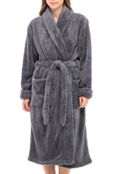 Women's Steel Gray Plush Fleece Robe, Shaggy Feather Bathrobe
