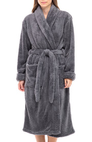 Women's Steel Gray Plush Fleece Robe, Shaggy Feather Bathrobe