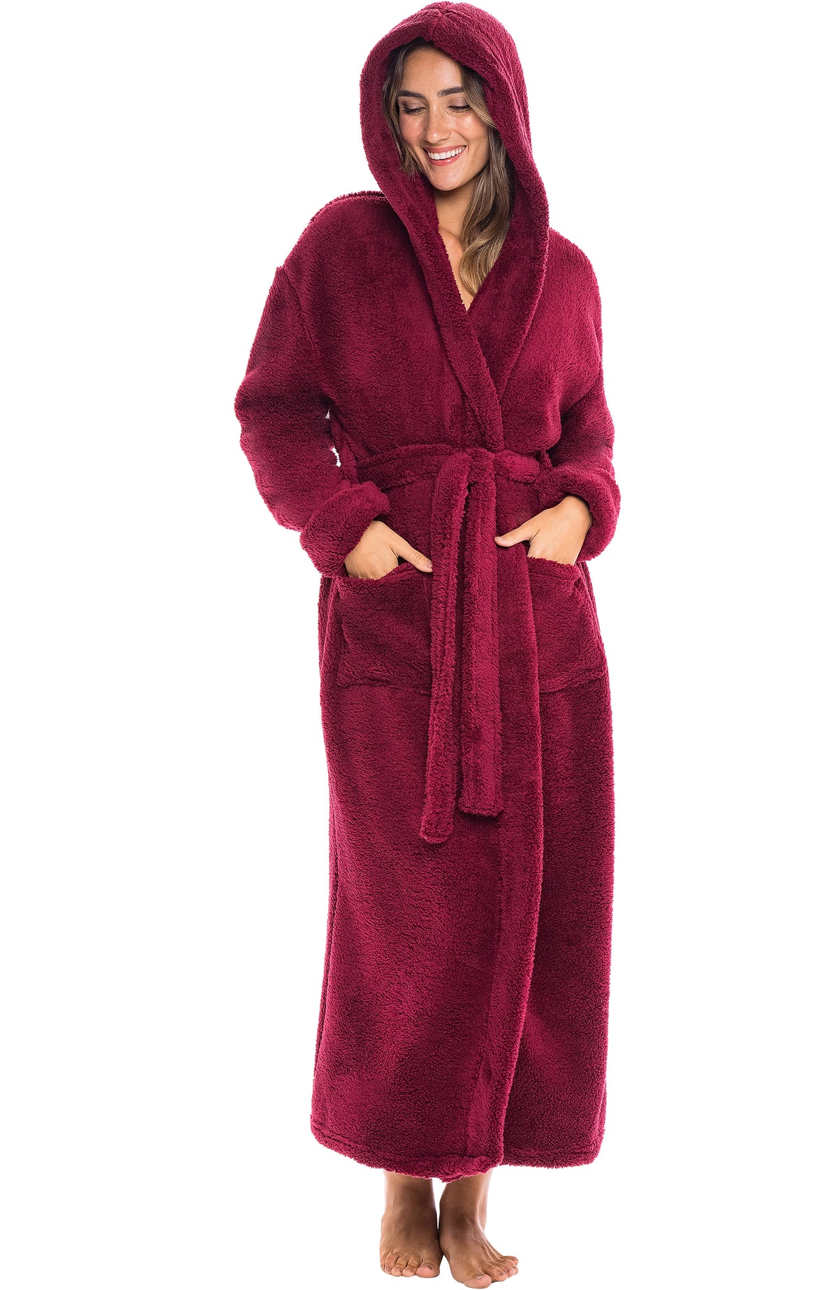 Women's Burgundy Plush Fleece Hooded Robe, Shaggy Feather Long Bathrobe