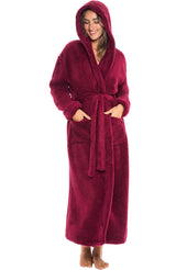 Women's Burgundy Plush Fleece Hooded Robe, Shaggy Feather Long Bathrobe