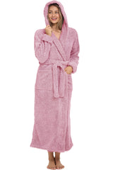 Women's Heathered Mauve Plush Fleece Hooded Robe, Shaggy Feather Long Bathrobe
