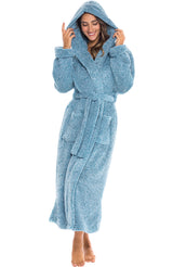 Women's Heathered Turquoise Plush Fleece Hooded Robe, Shaggy Feather Long Bathrobe