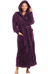 Women's Plum Purple Plush Fleece Hooded Robe, Shaggy Feather Long Bathrobe