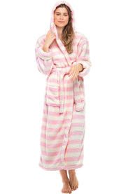 Women's Pastel Stripes Plush Fleece Hooded Robe, Shaggy Feather Long Bathrobe