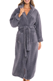 Women's Steel Gray Plush Fleece Hooded Robe, Shaggy Feather Long Bathrobe