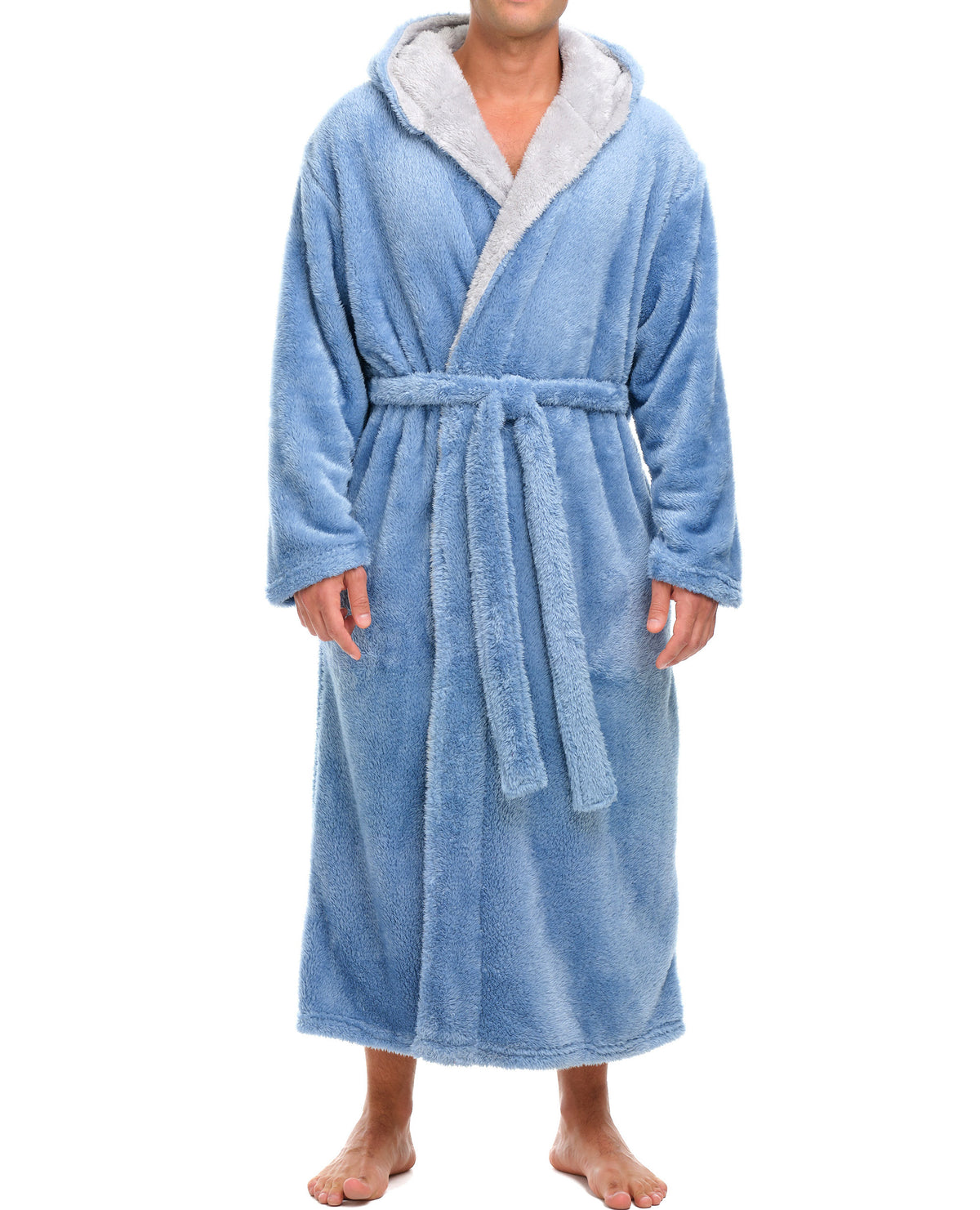 Mens Blue Robe, Sherpa Fleece Hooded Bathrobe, Big and Tall Bath Robe for Men