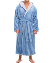 Mens Blue Robe, Sherpa Fleece Hooded Bathrobe, Big and Tall Bath Robe for Men