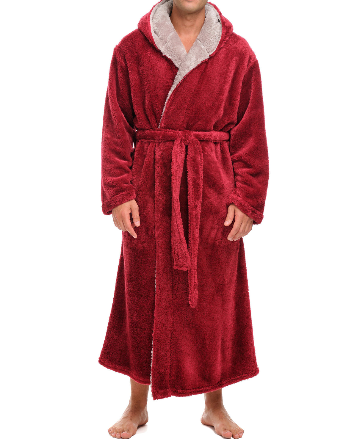 Mens Burgundy Robe, Sherpa Fleece Hooded Bathrobe, Big and Tall Bath Robe for Men