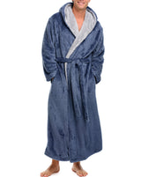 Mens Indigo Blue Robe, Sherpa Fleece Hooded Bathrobe, Big and Tall Bath Robe for Men