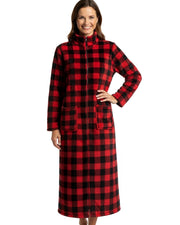 Women's Red Black Buffalo Check Zip Up Plush Robe, Slim Fit Bathrobe with Two Way Zipper