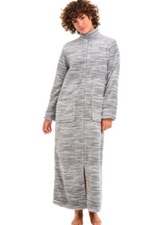 Women's Light Heathered Gray Zip Up Plush Robe, Slim Fit Bathrobe with Two Way Zipper