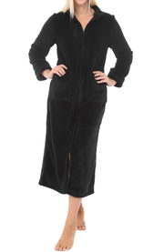 Women's Black Zip Up Plush Robe, Slim Fit Bathrobe with Two Way Zipper