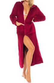 Women's Burgundy Zip Up Plush Robe, Slim Fit Bathrobe with Two Way Zipper