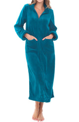Women's Turquoise Zip Up Plush Robe, Slim Fit Bathrobe with Two Way Zipper