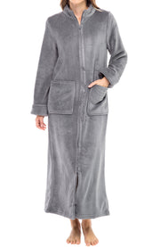 Women's Steel Gray Zip Up Plush Robe, Slim Fit Bathrobe with Two Way Zipper