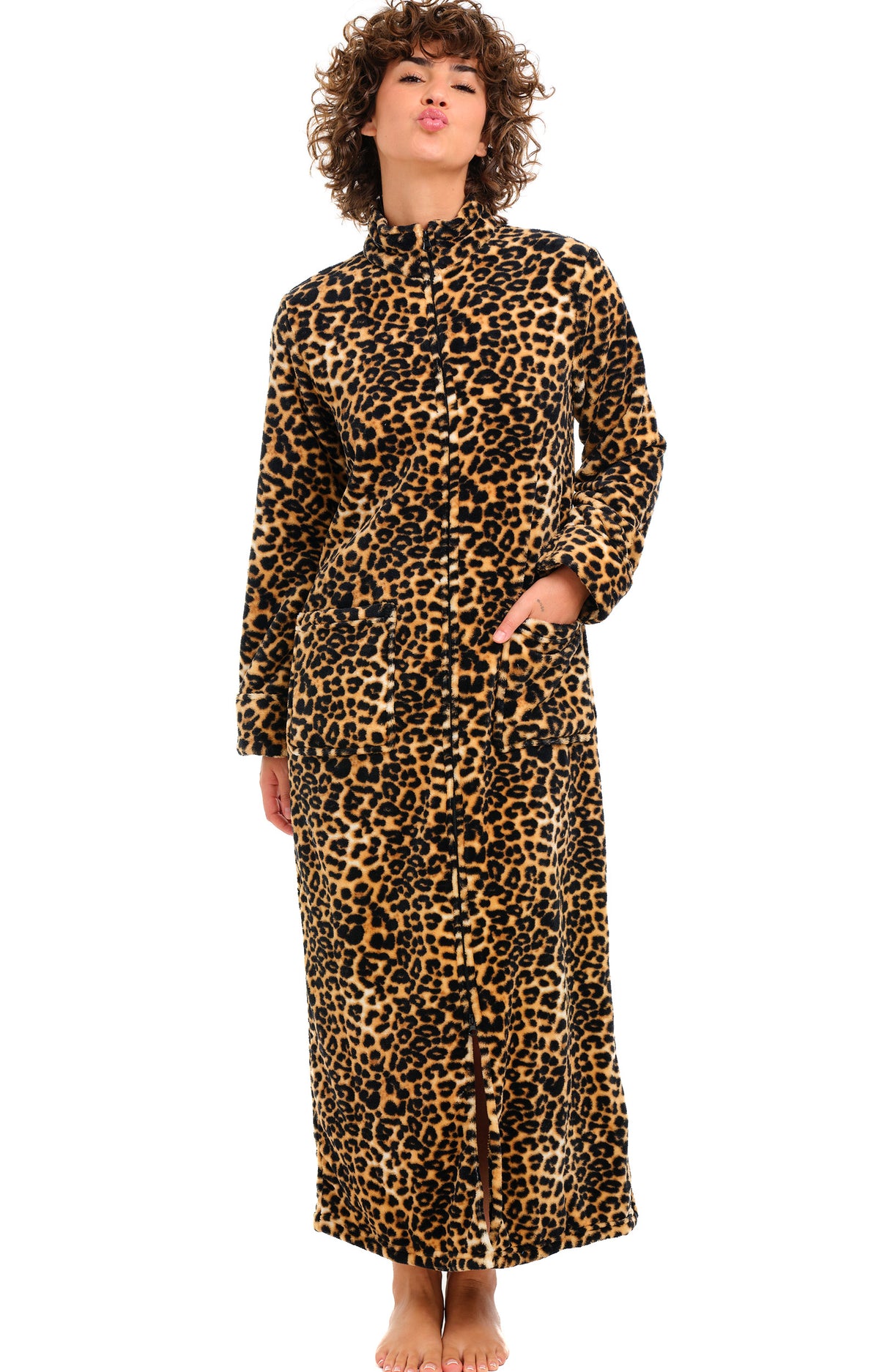 Women's Leopard Print Zip Up Plush Robe, Slim Fit Bathrobe with Two Way Zipper