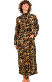 Women's Leopard Print Zip Up Plush Robe, Slim Fit Bathrobe with Two Way Zipper