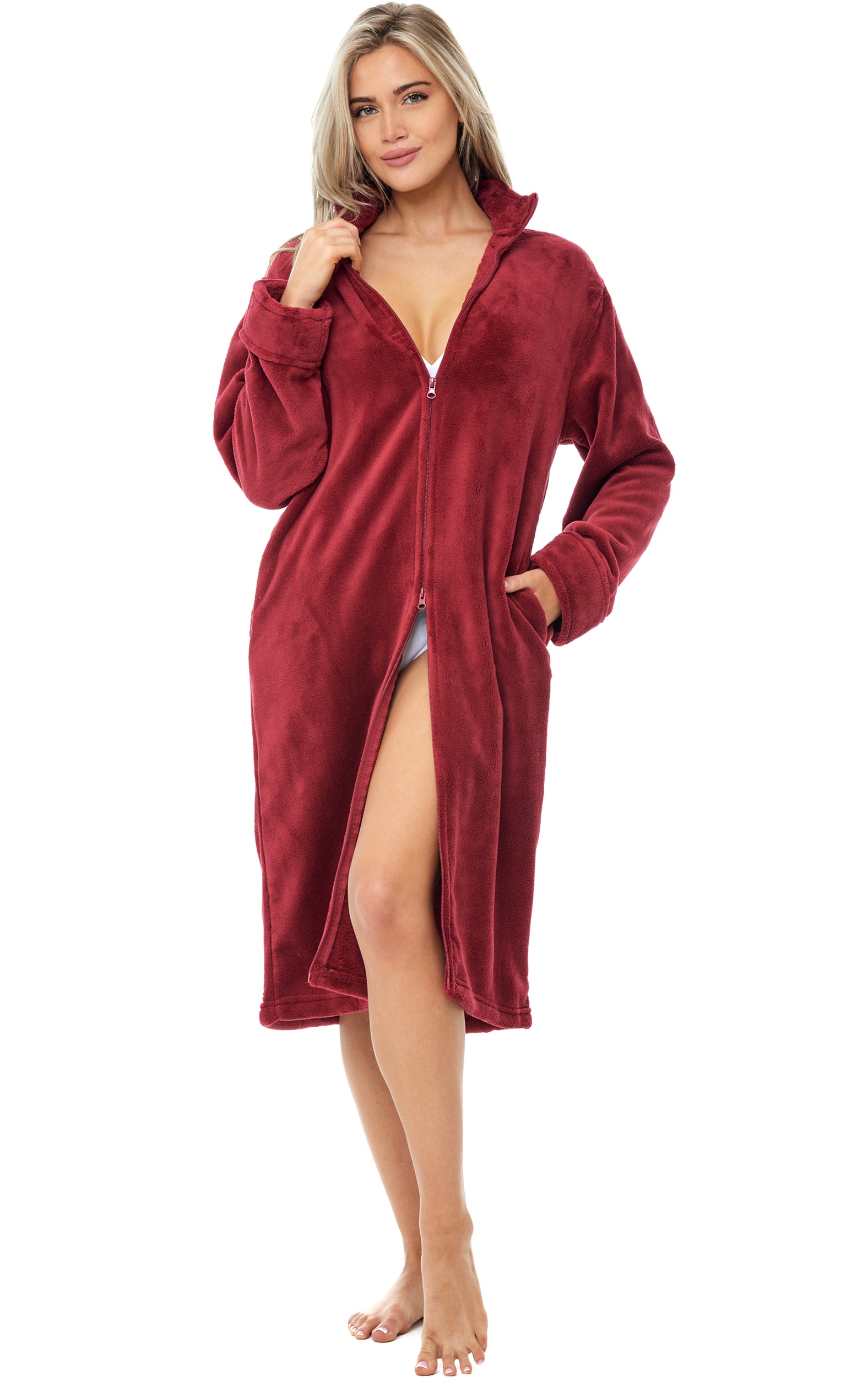 Women's Zip Up Plush Robe, Oversized Knee Length Bathrobe with Two Way Zipper, Burgundy / Large Women's Zip Up Plush Robe, Oversized Knee Length Bathrobe with Two Way Zipper, Burgundy / Large