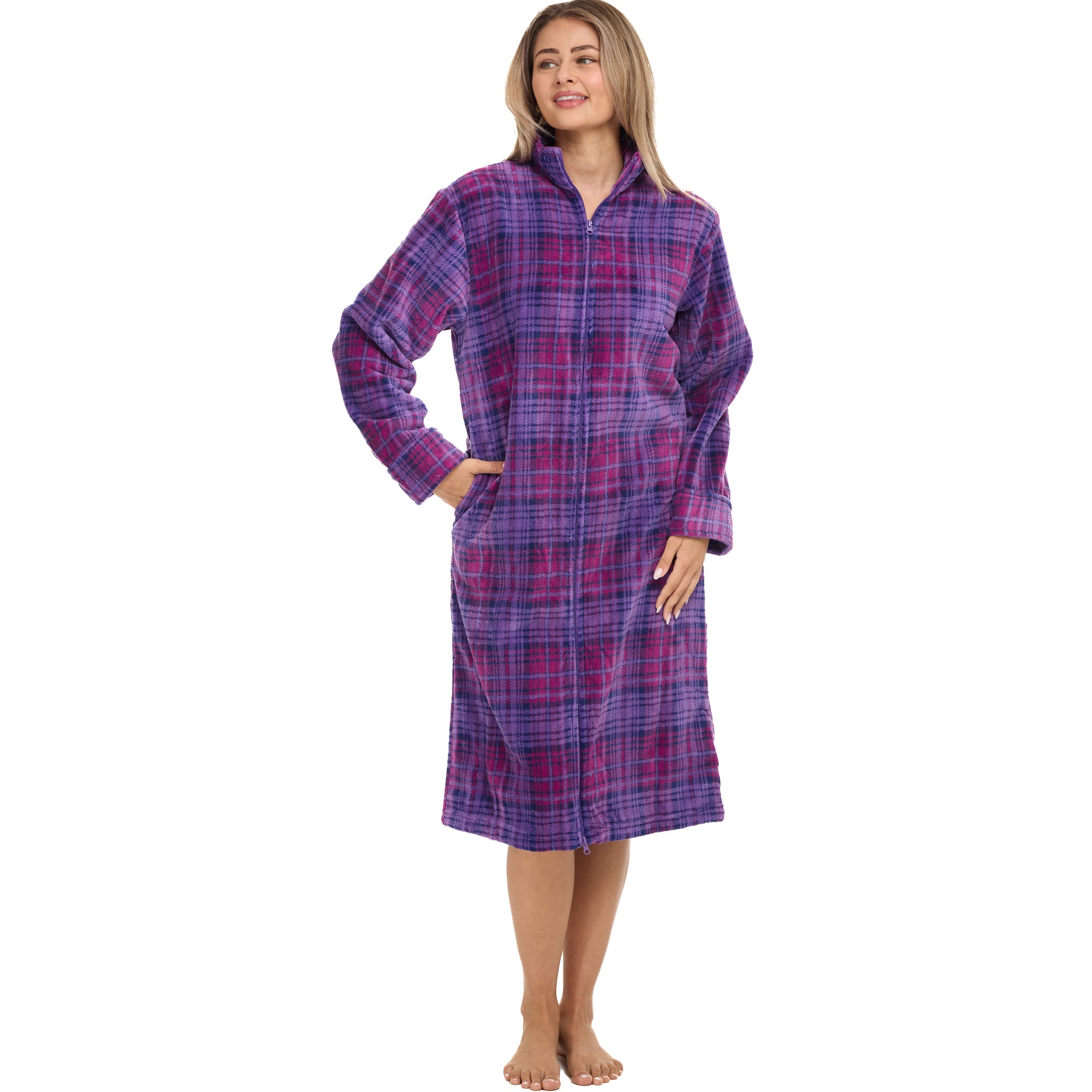 ADR Women's Zip Up Plush Long Robe, Oversized Knee Length Bathrobe
