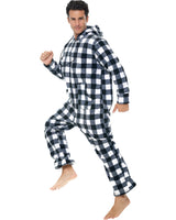 Men's Buffalo Check White Black Plaid Hooded Footed Adult Onesie Pajamas, Plush Winter PJs with Hood